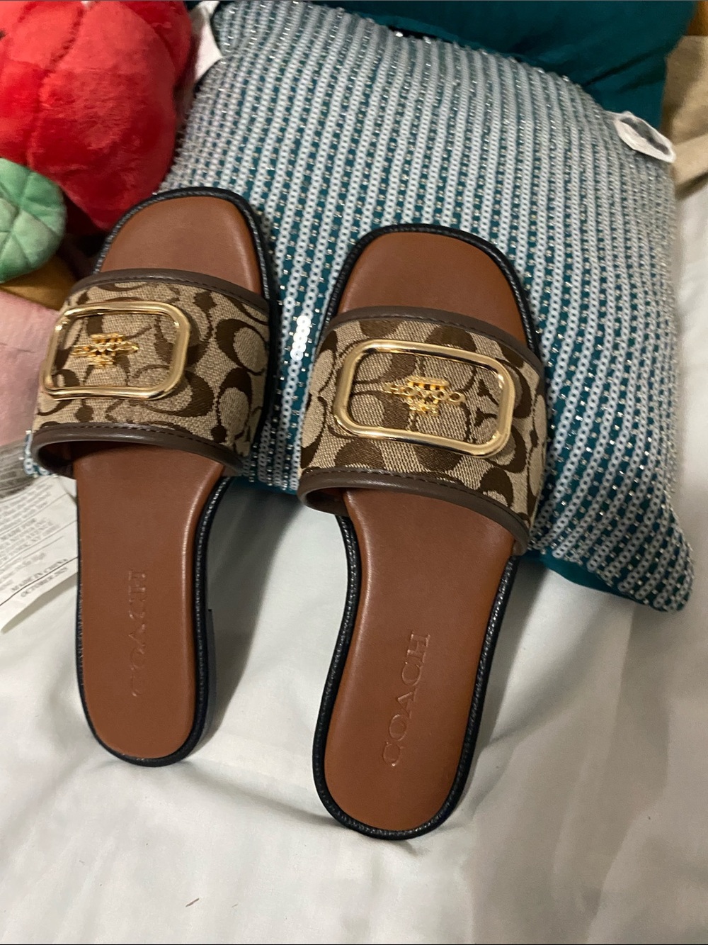 Coach Brown Signature Canvas Slide Mules with Gold Hardware